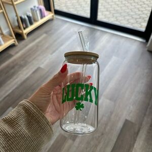 Clear Glass Tumbler with Green 'Lucky' Print